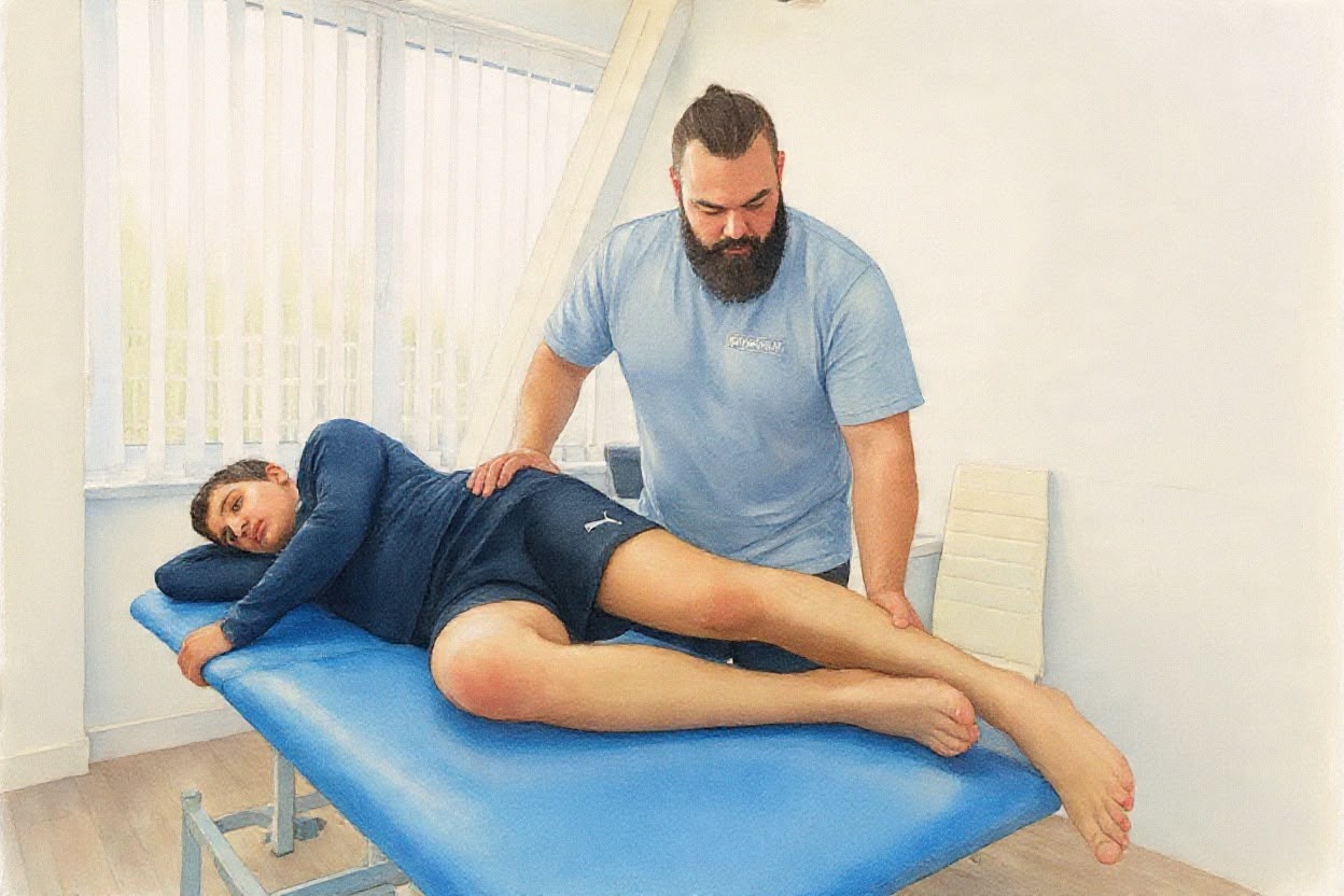 Physiotherapist supporting a patient's knee through a seated extension exercise